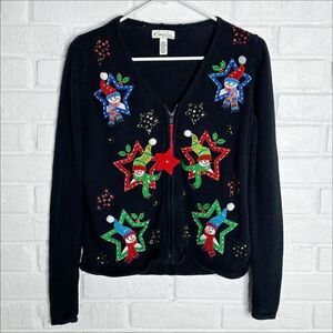 Vintage Christmas Sweater Kim Rogers Snowman Stars Snowflakes size Petite Small